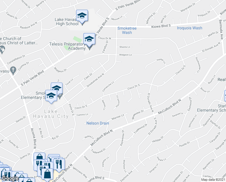map of restaurants, bars, coffee shops, grocery stores, and more near 2651 Cisco Drive South in Lake Havasu City
