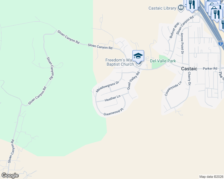 map of restaurants, bars, coffee shops, grocery stores, and more near 28649 Forest Meadow Place in Castaic