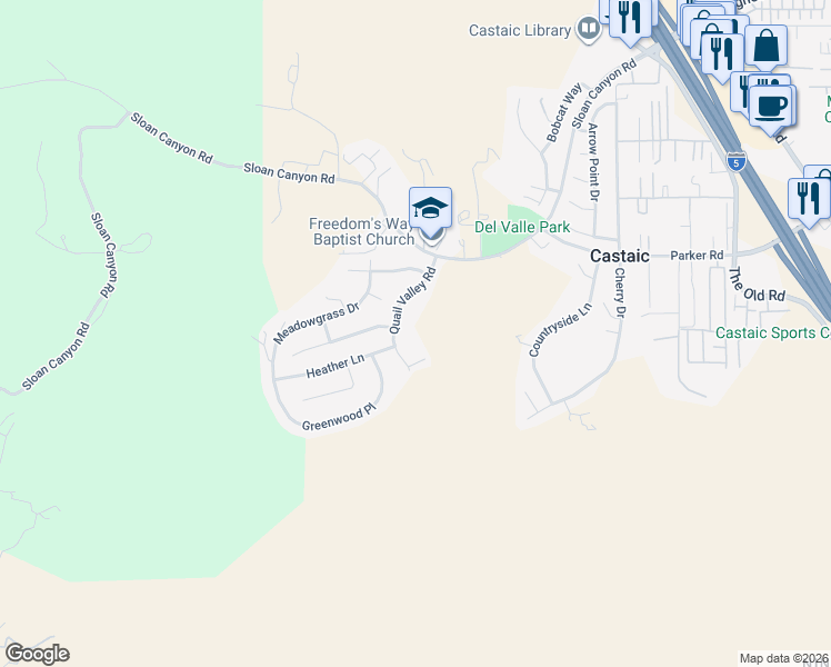 map of restaurants, bars, coffee shops, grocery stores, and more near 31250 Quail Valley Road in Castaic