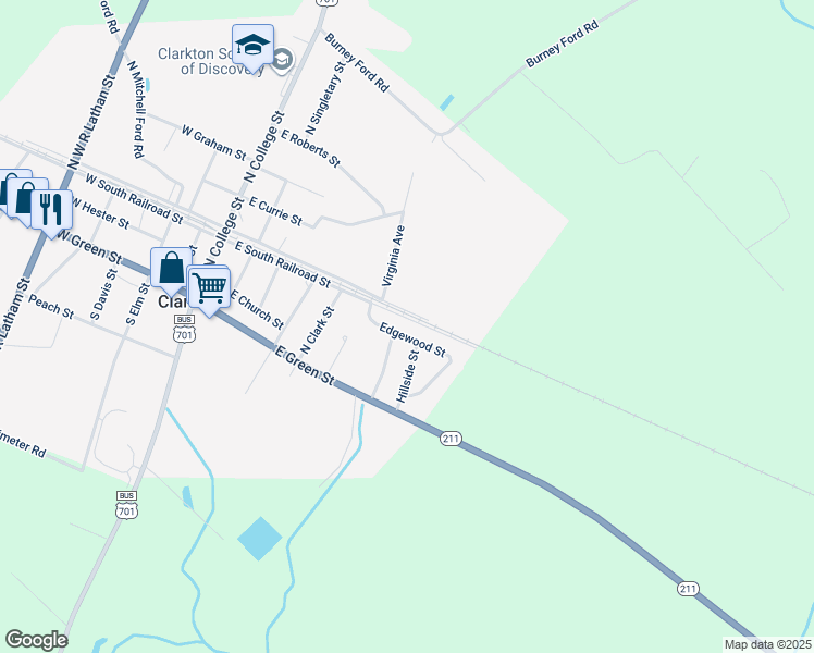 map of restaurants, bars, coffee shops, grocery stores, and more near 304 Edgewood Street in Clarkton