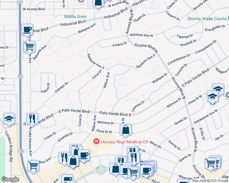 map of restaurants, bars, coffee shops, grocery stores, and more near 341 Tumamoc Drive in Lake Havasu City