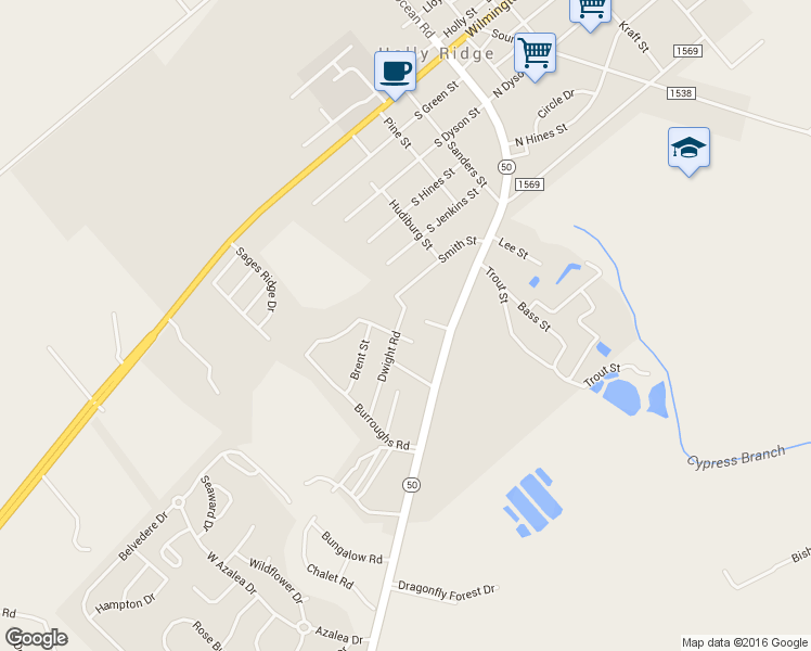 map of restaurants, bars, coffee shops, grocery stores, and more near 102 Dwight Street in Holly Ridge