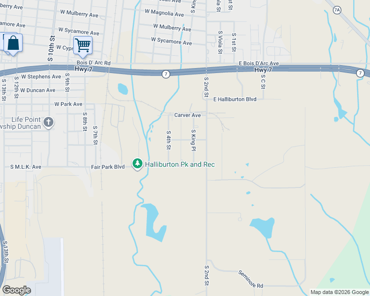 map of restaurants, bars, coffee shops, grocery stores, and more near 1315 South 3rd Street in Duncan
