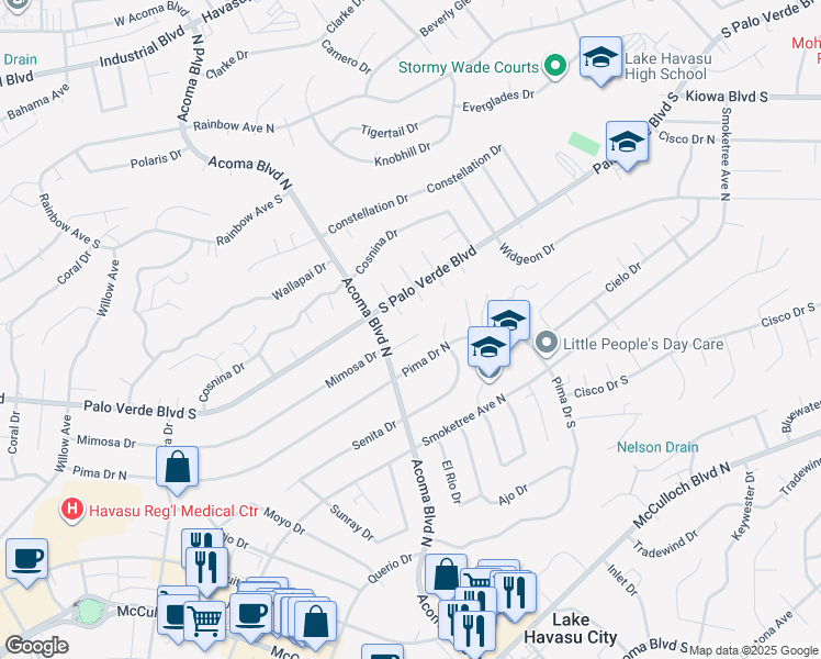 map of restaurants, bars, coffee shops, grocery stores, and more near 2285 Mimosa Lane in Lake Havasu City
