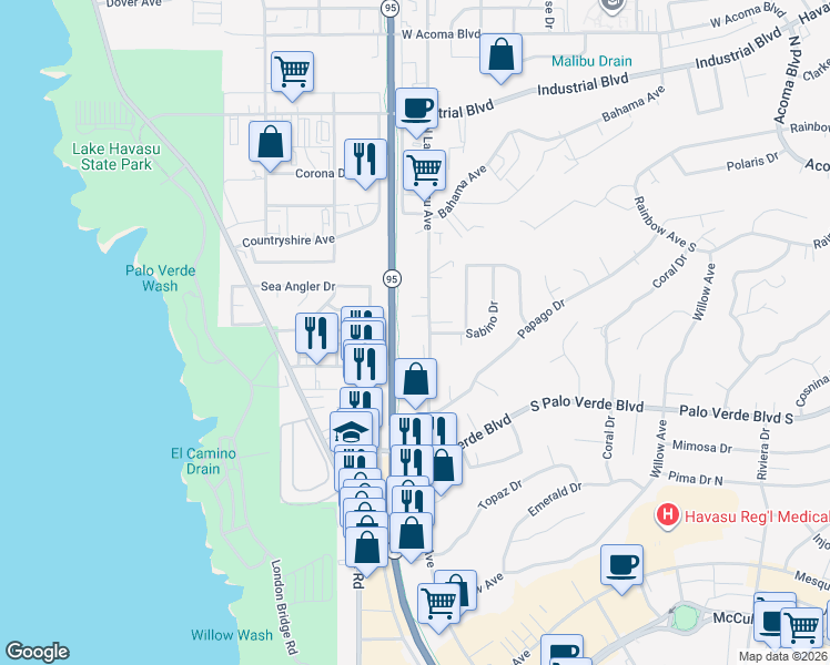 map of restaurants, bars, coffee shops, grocery stores, and more near 431 North Lake Havasu Avenue in Lake Havasu City