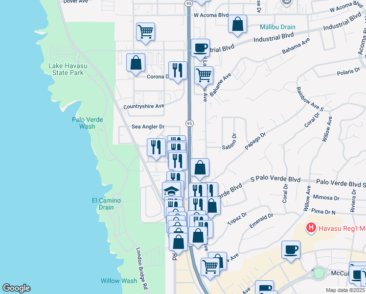 map of restaurants, bars, coffee shops, grocery stores, and more near 450 Sea Venture Drive in Lake Havasu City