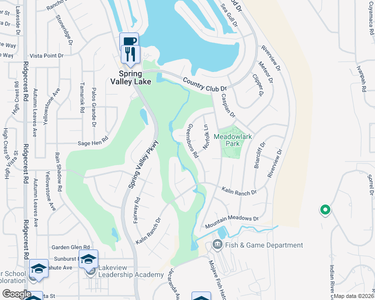 map of restaurants, bars, coffee shops, grocery stores, and more near 12960 Greensboro Road in Victorville