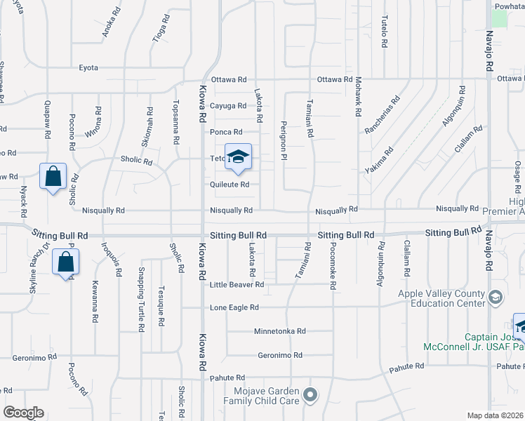 map of restaurants, bars, coffee shops, grocery stores, and more near 21059 Nisqually Road in Apple Valley
