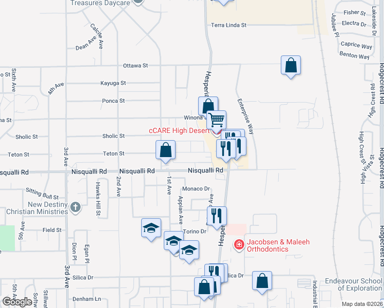 map of restaurants, bars, coffee shops, grocery stores, and more near 16980 Nisqualli Road in Victorville