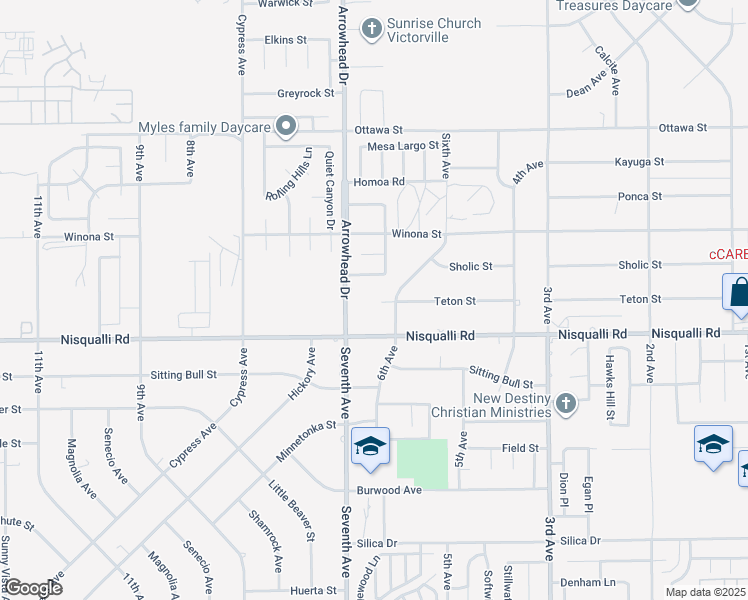 map of restaurants, bars, coffee shops, grocery stores, and more near 16181 Teton Street in Victorville