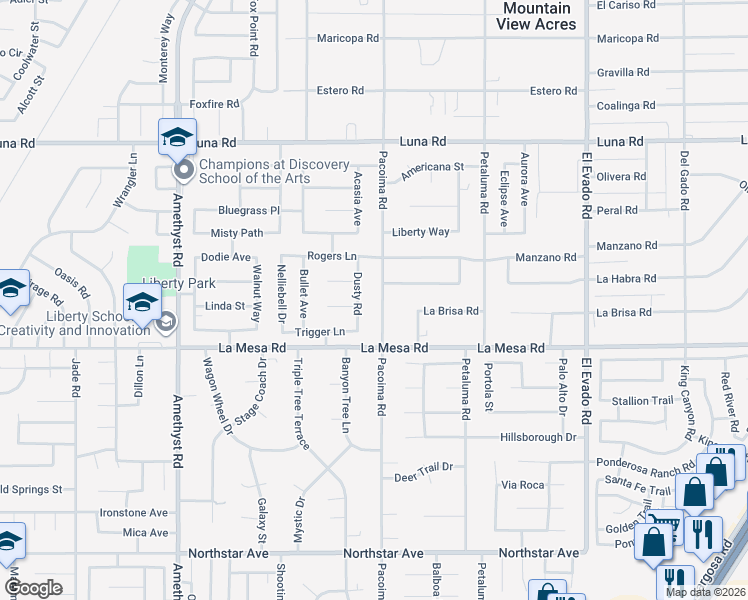 map of restaurants, bars, coffee shops, grocery stores, and more near 12985 Pacoima Road in Victorville