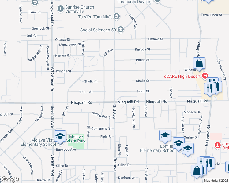 map of restaurants, bars, coffee shops, grocery stores, and more near 12979 3rd Avenue in Victorville