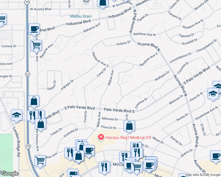 map of restaurants, bars, coffee shops, grocery stores, and more near 1896 Willow Avenue in Lake Havasu City