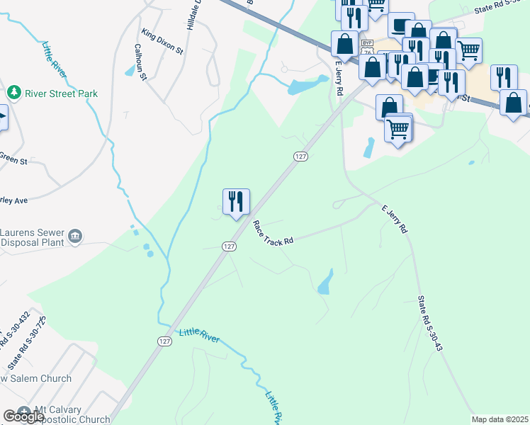 map of restaurants, bars, coffee shops, grocery stores, and more near 665 South Carolina 127 in Laurens