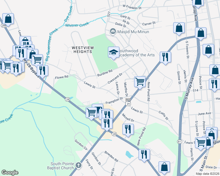 map of restaurants, bars, coffee shops, grocery stores, and more near 421 Lewis Street in Anderson