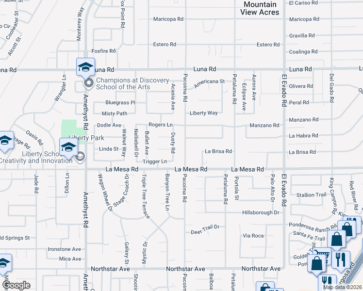 map of restaurants, bars, coffee shops, grocery stores, and more near 12985 Pacoima Road in Victorville