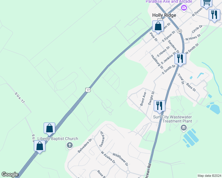 map of restaurants, bars, coffee shops, grocery stores, and more near Hazelwood Drive in Holly Ridge