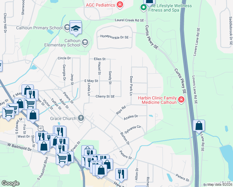 map of restaurants, bars, coffee shops, grocery stores, and more near 214 Cherry Street Southeast in Calhoun