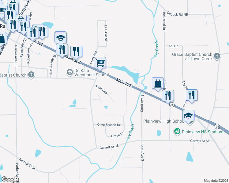 map of restaurants, bars, coffee shops, grocery stores, and more near 40 Wells Street in Rainsville