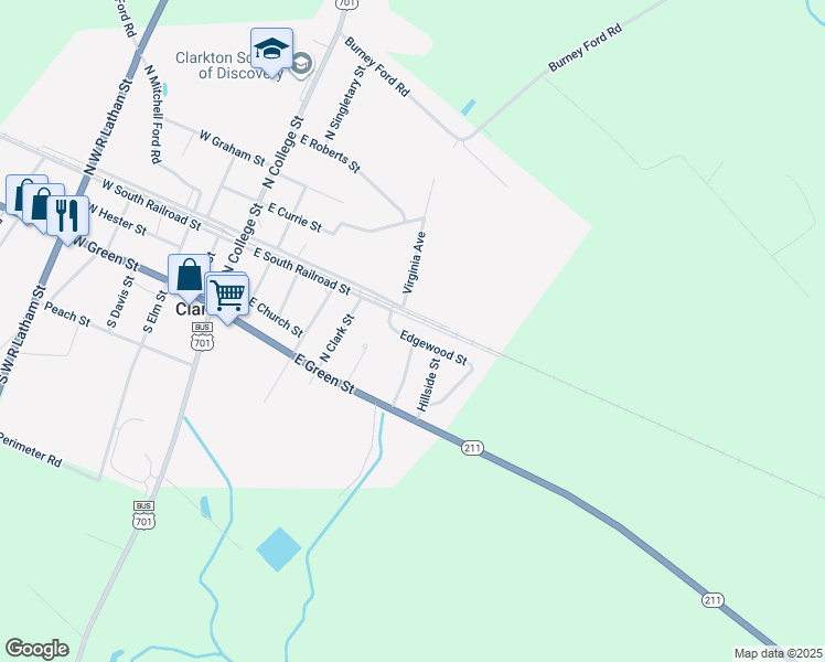 map of restaurants, bars, coffee shops, grocery stores, and more near 304 Edgewood Street in Clarkton