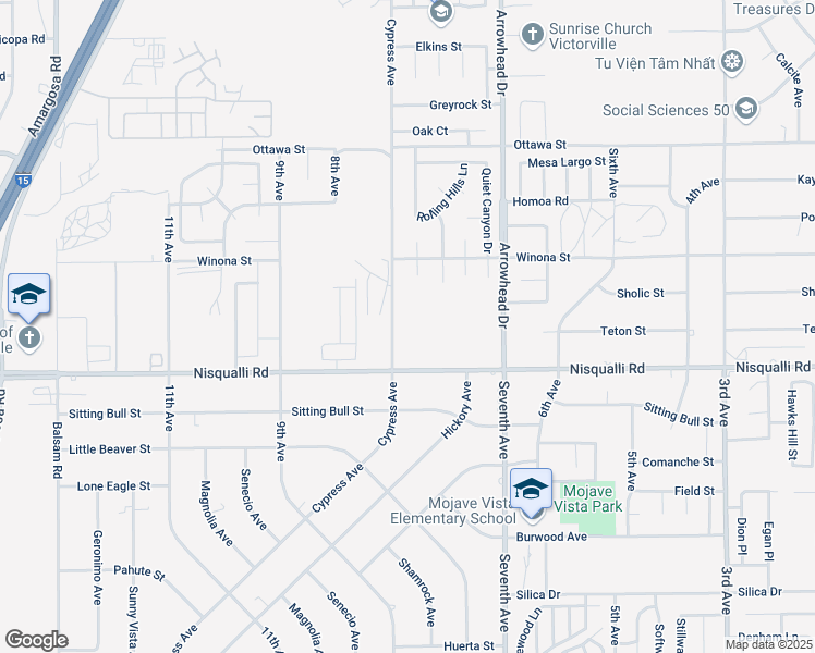 map of restaurants, bars, coffee shops, grocery stores, and more near 15930 Nisqualli Road in Victorville