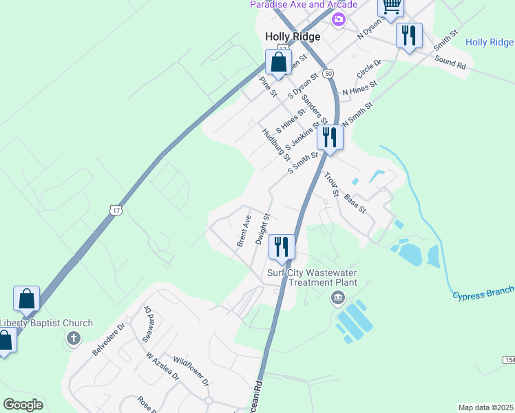 map of restaurants, bars, coffee shops, grocery stores, and more near 303 Cypress Avenue in Holly Ridge