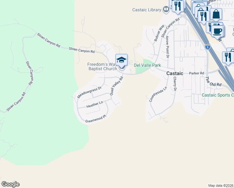 map of restaurants, bars, coffee shops, grocery stores, and more near 31256 Quail Valley Road in Castaic