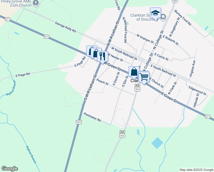 map of restaurants, bars, coffee shops, grocery stores, and more near 255 Peach Street in Clarkton