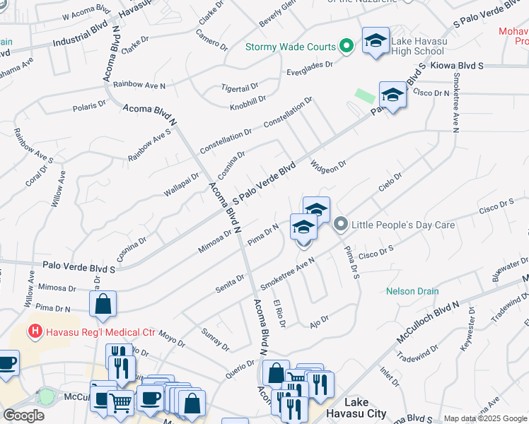 map of restaurants, bars, coffee shops, grocery stores, and more near 2285 Mimosa Lane in Lake Havasu City
