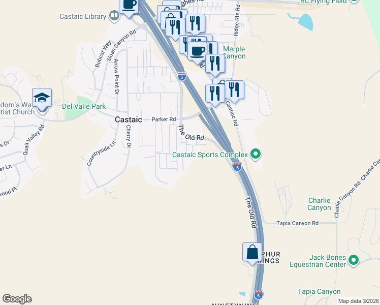 map of restaurants, bars, coffee shops, grocery stores, and more near 31319 The Old Road in Castaic