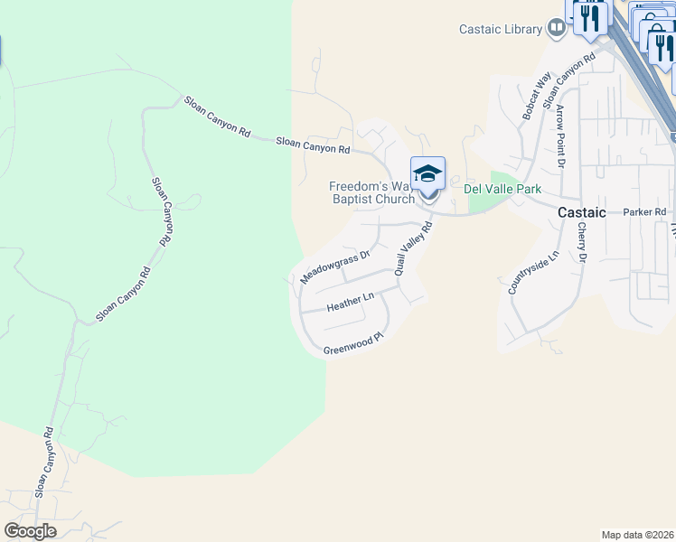 map of restaurants, bars, coffee shops, grocery stores, and more near 28702 Meadow Grass Drive in Castaic