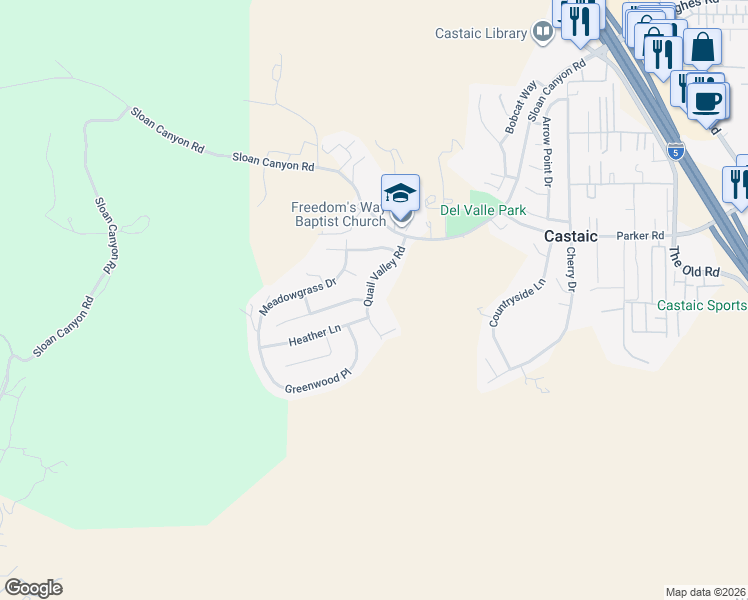 map of restaurants, bars, coffee shops, grocery stores, and more near 31256 Quail Valley Road in Castaic
