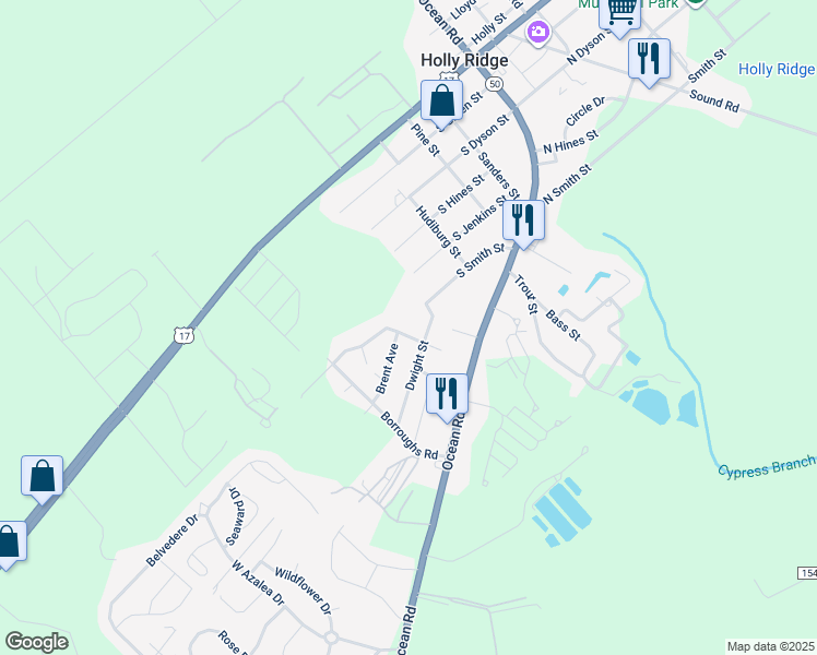 map of restaurants, bars, coffee shops, grocery stores, and more near 303 Cypress Avenue in Holly Ridge
