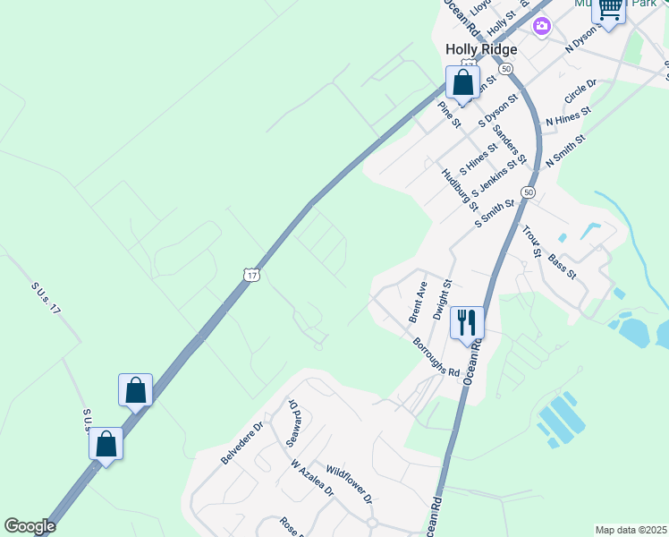 map of restaurants, bars, coffee shops, grocery stores, and more near 120 Sages Ridge Drive in Holly Ridge