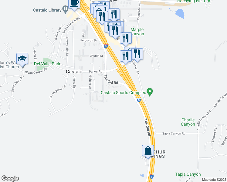 map of restaurants, bars, coffee shops, grocery stores, and more near 31319 The Old Road in Castaic