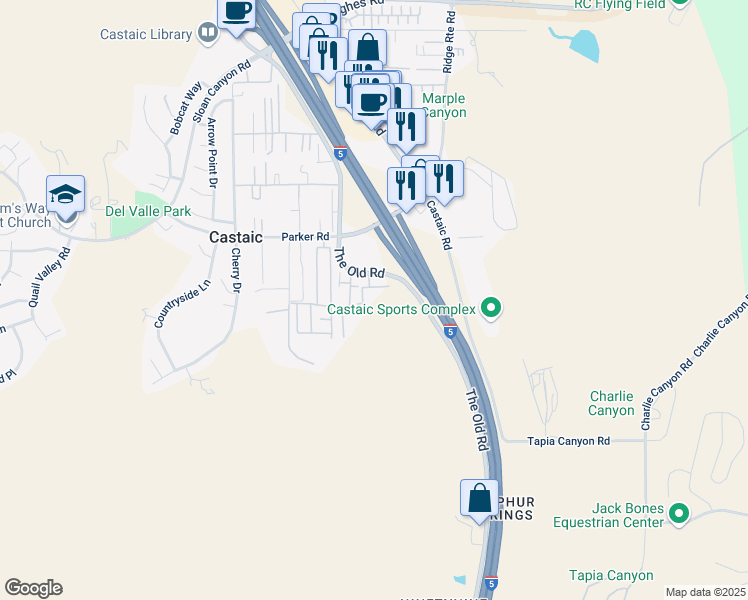 map of restaurants, bars, coffee shops, grocery stores, and more near 31321 The Old Road in Castaic