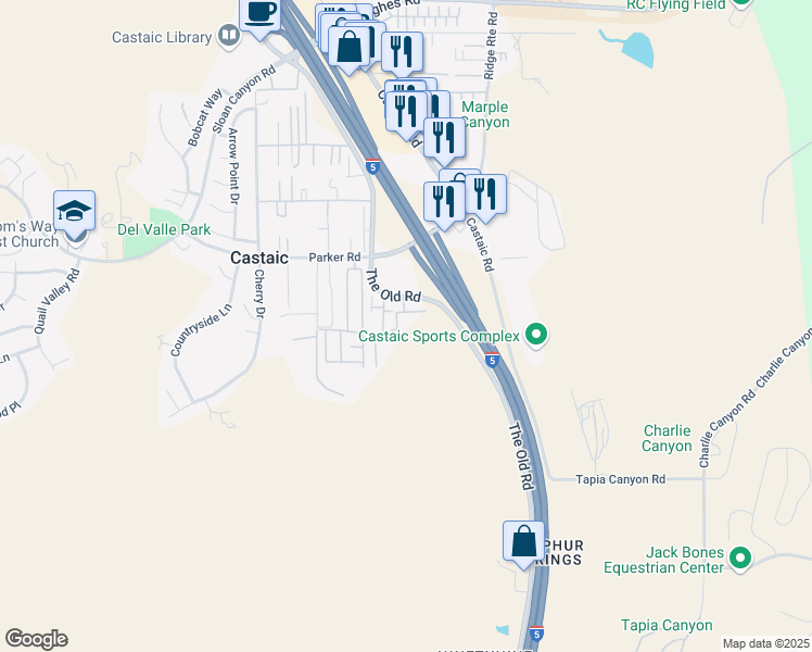map of restaurants, bars, coffee shops, grocery stores, and more near 31313 The Old Road in Castaic