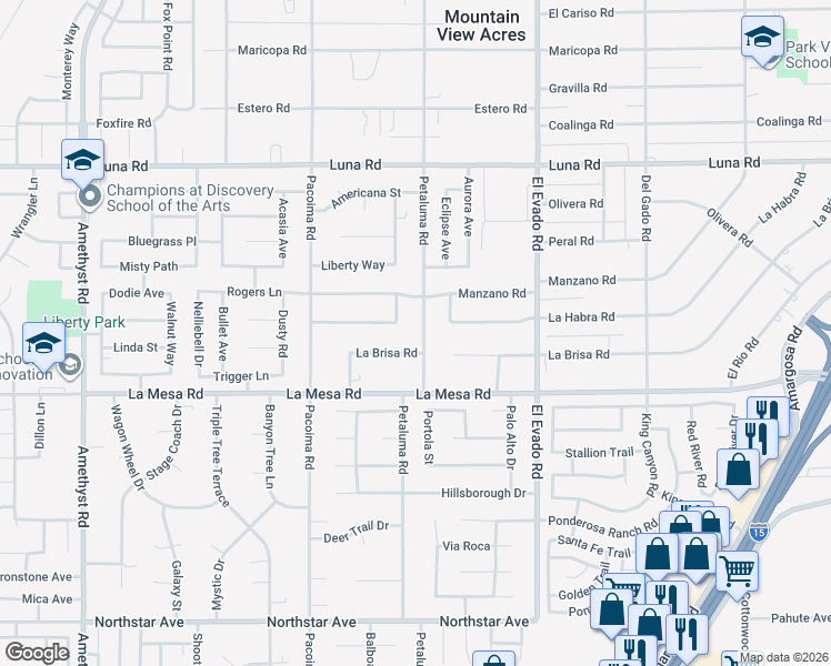 map of restaurants, bars, coffee shops, grocery stores, and more near 13006 Petaluma Road in Victorville