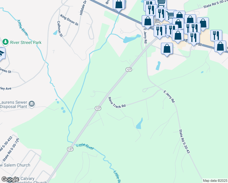 map of restaurants, bars, coffee shops, grocery stores, and more near 665 South Carolina 127 in Laurens