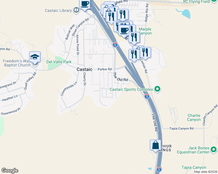 map of restaurants, bars, coffee shops, grocery stores, and more near 31311 North Lakehills Road in Castaic