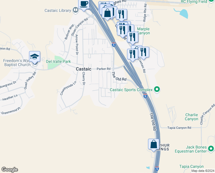 map of restaurants, bars, coffee shops, grocery stores, and more near 31323 North Bluesky Way in Castaic