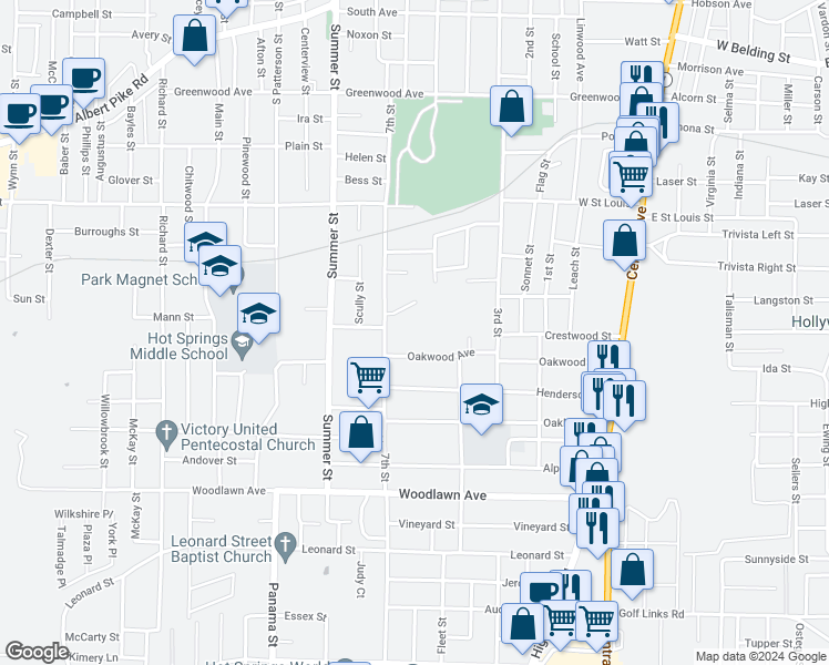 map of restaurants, bars, coffee shops, grocery stores, and more near 410 Oakwood Avenue in Hot Springs