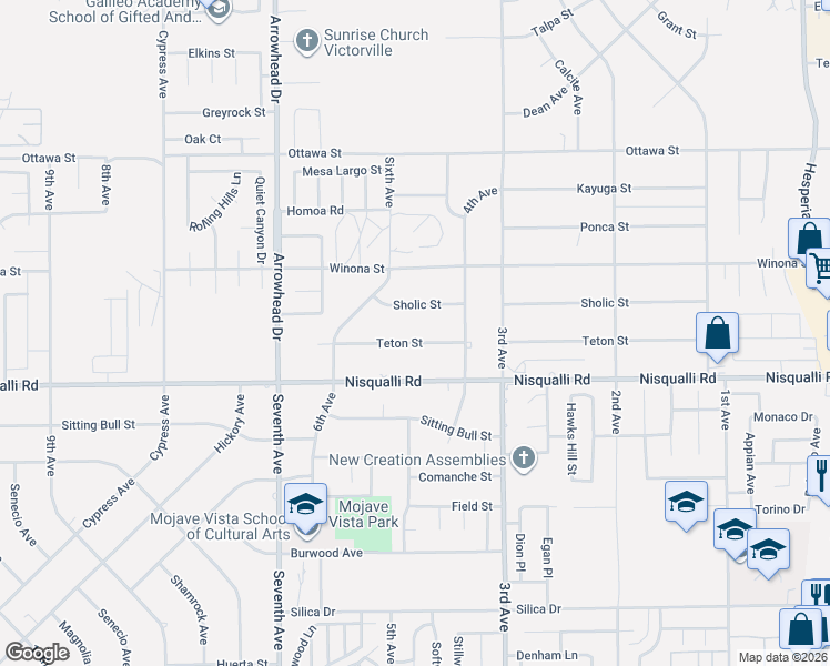 map of restaurants, bars, coffee shops, grocery stores, and more near 16335 Teton Street in Victorville