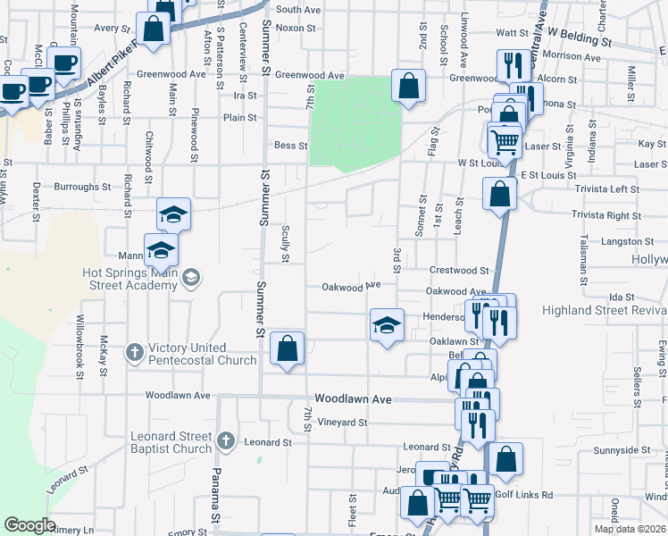 map of restaurants, bars, coffee shops, grocery stores, and more near 410 Oakwood Avenue in Hot Springs