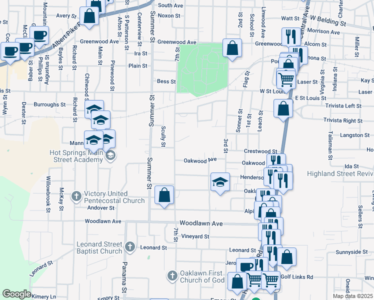map of restaurants, bars, coffee shops, grocery stores, and more near 410 Oakwood Avenue in Hot Springs