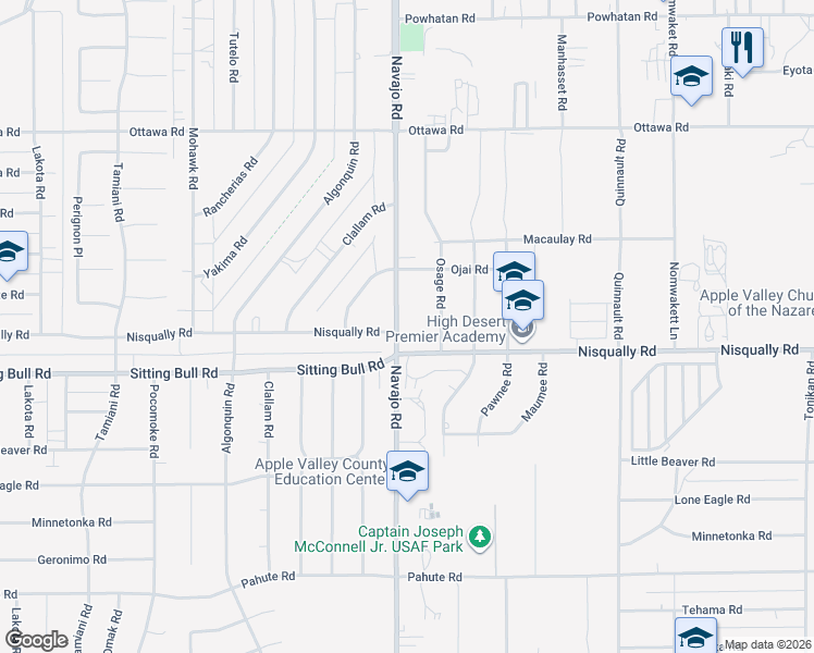 map of restaurants, bars, coffee shops, grocery stores, and more near 12959 Navajo Road in Apple Valley