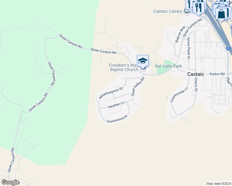 map of restaurants, bars, coffee shops, grocery stores, and more near 28666 Meadowgrass Drive in Castaic