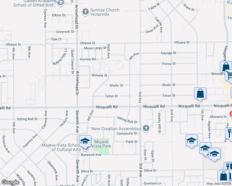 map of restaurants, bars, coffee shops, grocery stores, and more near 16335 Teton Street in Victorville
