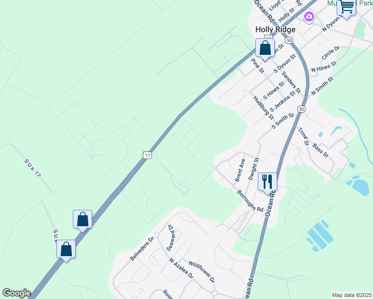 map of restaurants, bars, coffee shops, grocery stores, and more near Hazelwood Drive in Holly Ridge