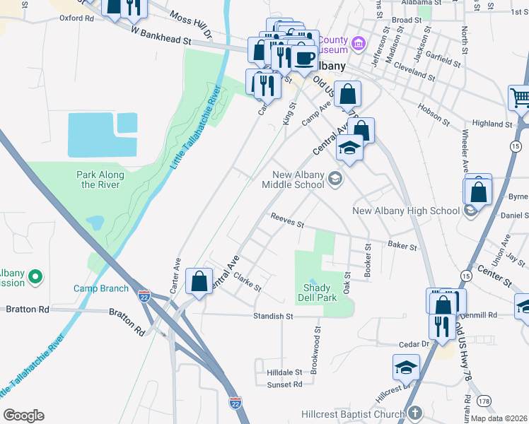 map of restaurants, bars, coffee shops, grocery stores, and more near 499 Central Avenue in New Albany